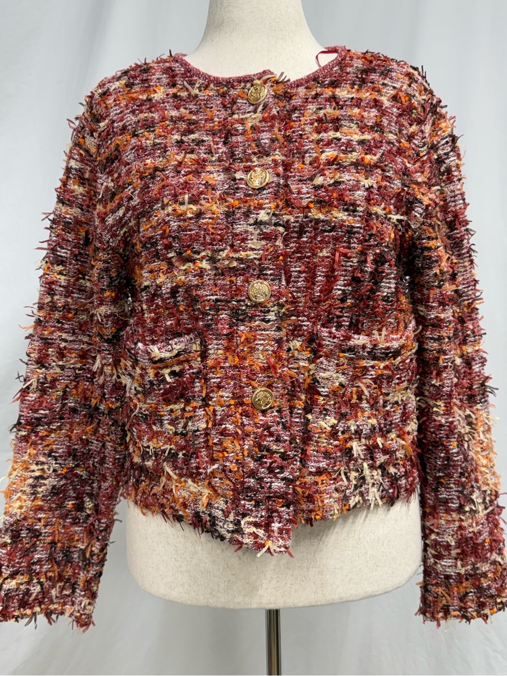 Zara Multi-Color Tweed Fringe Lady Jacket Cardigan with Gold Buttons